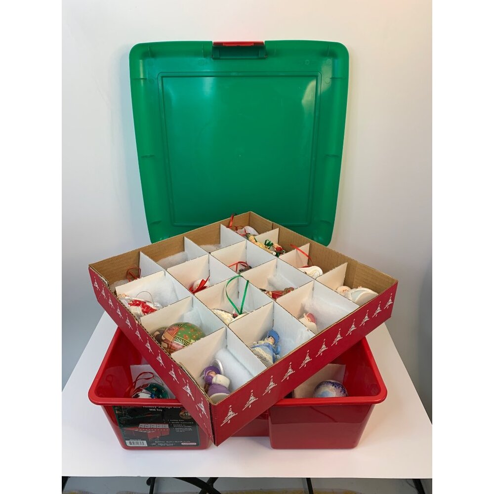 VTG Y2K Christmas Ornaments 34 Pieces W/ Storage Box Barbie Hallmark 9052